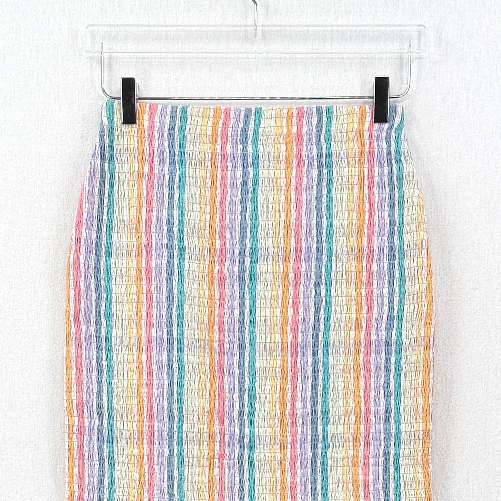 J CREW Smocked Midi Skirt Rainbow Stripe Womens White Pink Cotton Resort NEW - Picture 9 of 16
